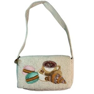 NWT Beaded Cream Shoulder Bag with Pastry Design handmade Parisian whimsical